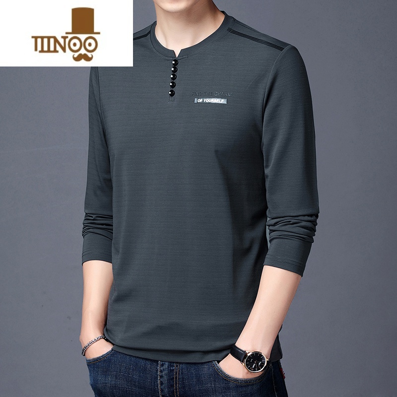 YANXU加肥加大码长袖T恤男士宽松中年丝光棉夏季薄款卫衣圆领纯色速干高清大图