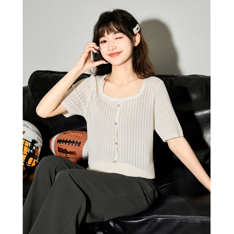唐狮春夏季女2024新款针织衫短袖T恤圆领修身短款蝴蝶结毛衣cz_63615 S C款/本白