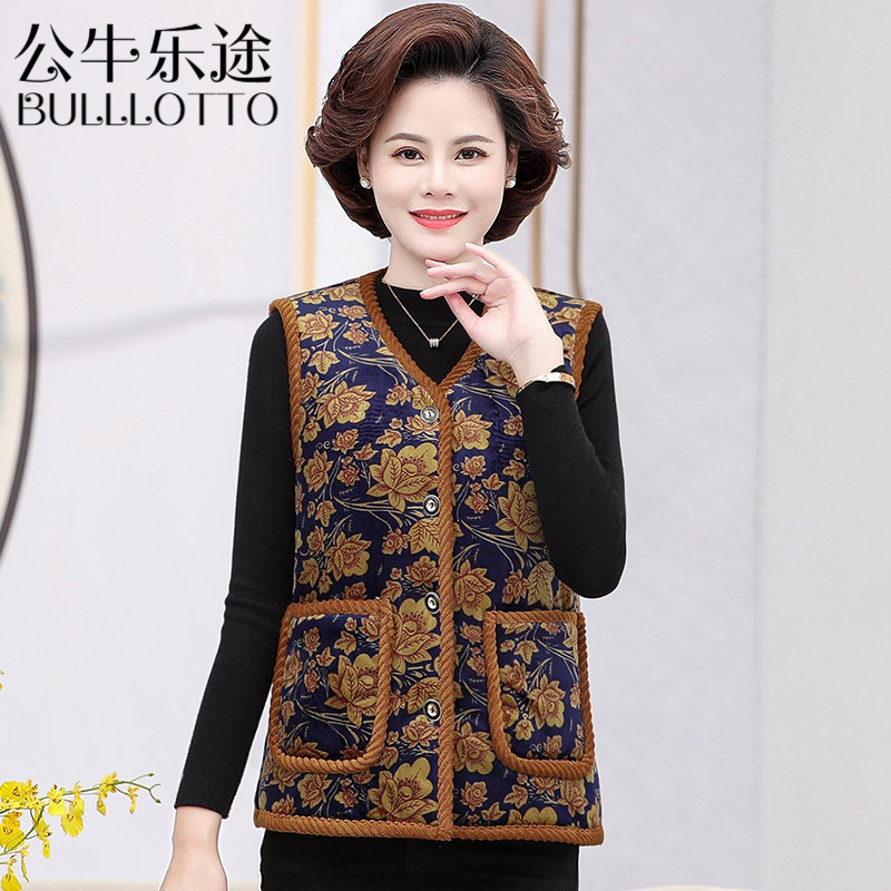 公牛乐途2021妈妈秋冬装棉袄马甲短款中老年女装保暖坎肩加绒加厚背心外套大码