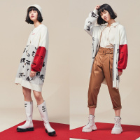 V领中长款拼色毛衣针织开衫女2019新款冬单排扣慵懒风外套太平鸟