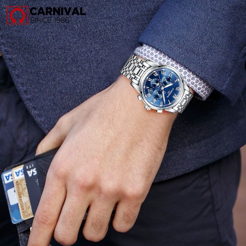 嘉年华Carnival手表男士全自动机械表 男表金属精钢休闲时尚日历日月星辰星期月份显示夜光防水时尚潮流腕表8723G高清大图