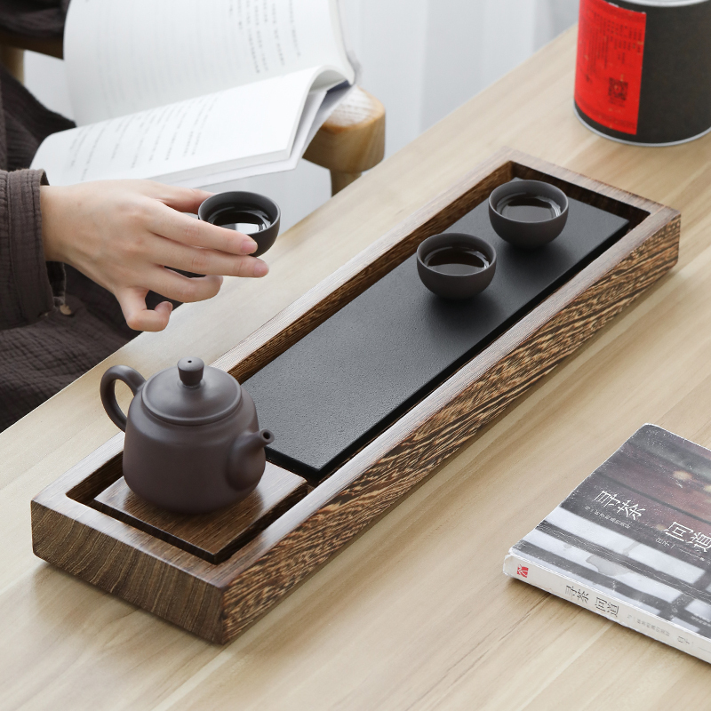 苏氏陶瓷 SUSHI CERAMICS 整块鸡翅木乌金石茶盘可干泡可排水功夫泡茶台茶托52*15cm