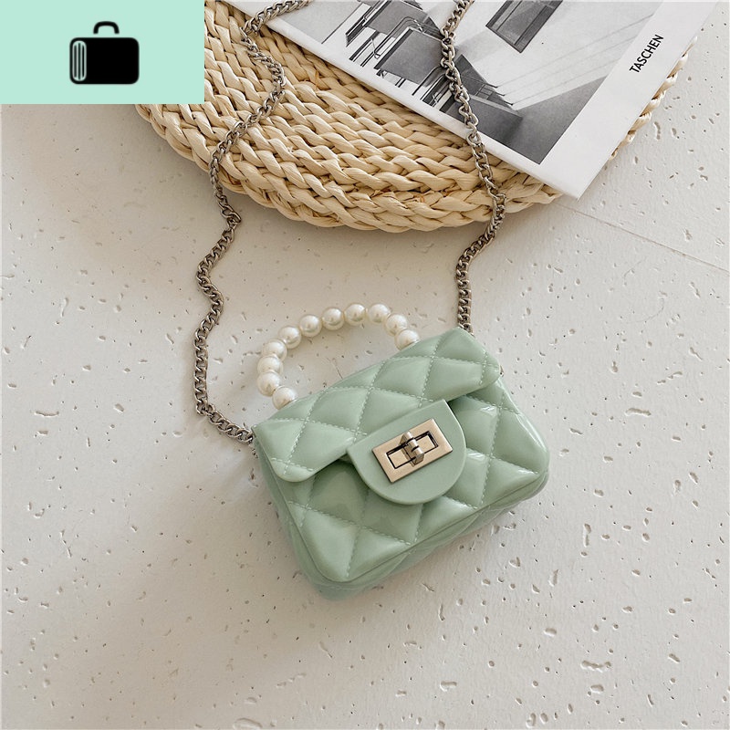 珍珠包包女小众斜挎包迷你网红手提2020春百搭果冻菱格链条包miniNEWLAKE 绿色
