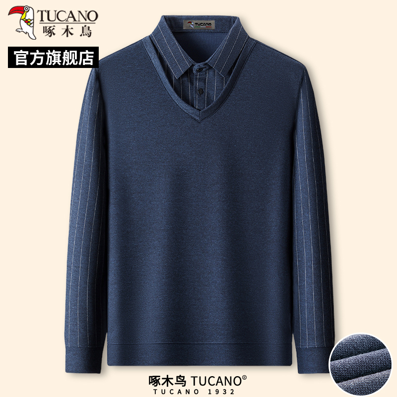 啄木鸟2025春季新款男士长袖POLO衫中老年爸爸装休闲假两件上衣C 藏青 3XL适合170-190斤