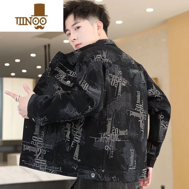 YANXU2023秋季字母印花牛仔外套男士潮牌宽松百搭韩版翻领夹克休闲上衣高清大图