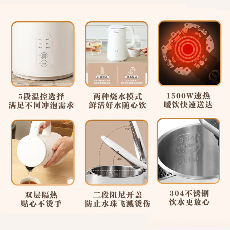 美的(Midea)电热水壶煮水壶烧水壶 食品304不锈钢 长效保温 1500W快速加热 防干烧 1.5升容量SH15X3高清大图