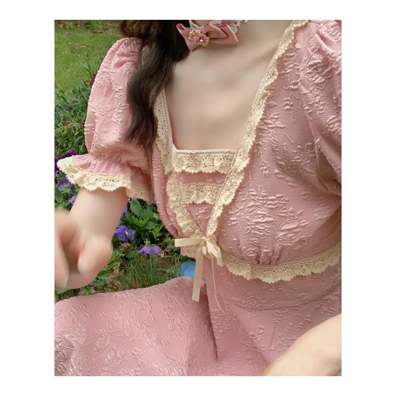人间 温柔风泡泡袖蕾丝边高腰显瘦连衣裙2021新款提花仙女裙 少女粉 S
