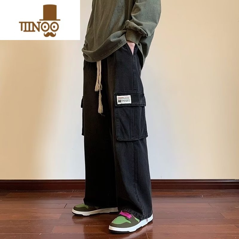 YANXU黑色多口袋工装牛仔裤男美式复古水洗潮牌街头宽松bf直筒休闲长裤高清大图