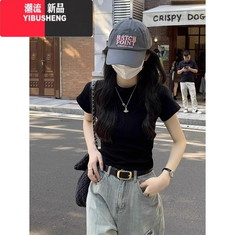 YIBUSHENG正肩黑色短袖T恤女2024季新款设计感小众独特别致修身辣妹上衣高清大图