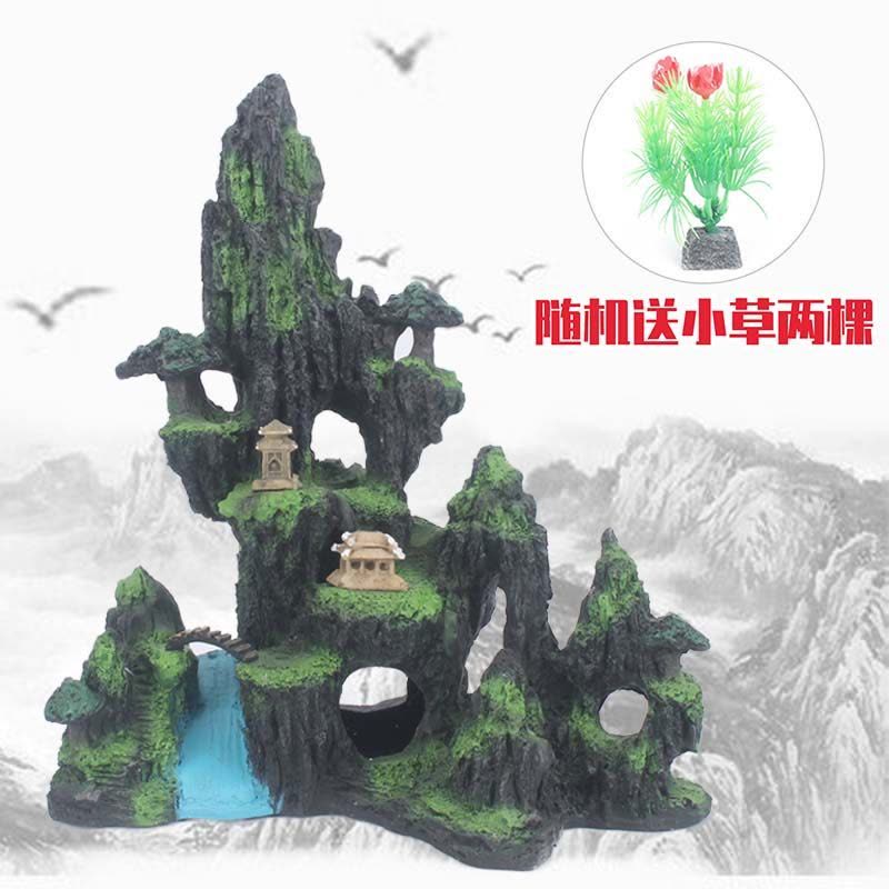 鱼缸造景假山装饰套餐水族箱树脂摆件仿真石头假山水草鱼缸躲避洞 【单亭假山】随机送两棵水草图片