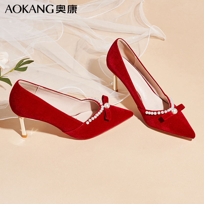 奥康女鞋红色结婚鞋女秀禾服婚纱两穿中式新娘鞋高跟鞋