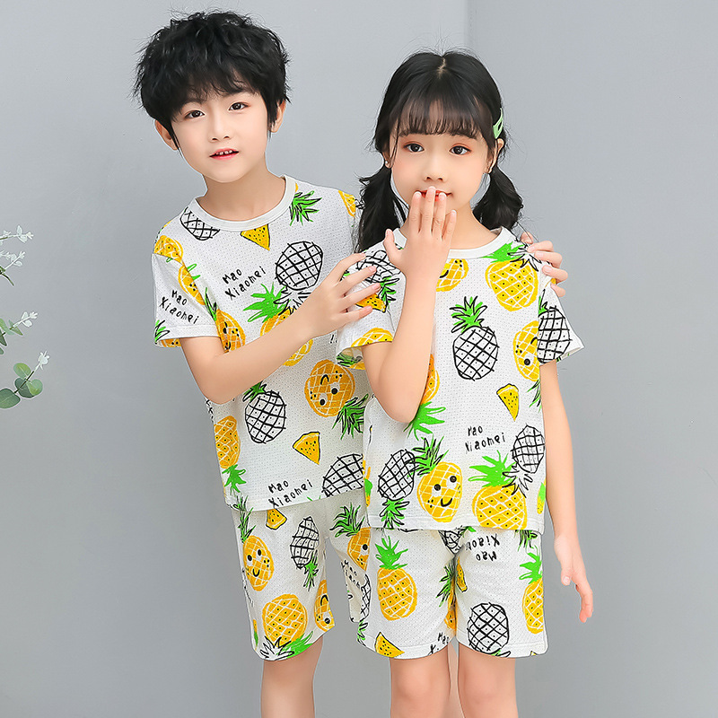 [中大童网格套装]夏季呼吸网眼布透气女男空调服短裤睡衣家居服棉T恤儿童短袖套装