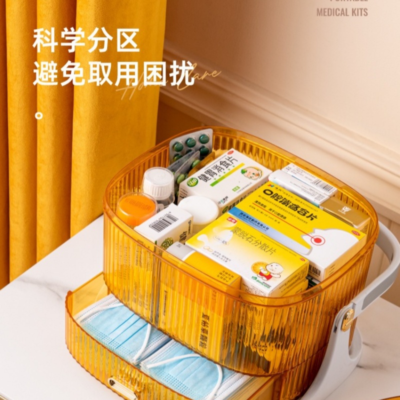 华普思大号医药箱家用医疗箱收纳箱便携式药箱多功能家庭药盒药品收纳盒半透&蜜橙绿加厚29*23*20CM高清大图