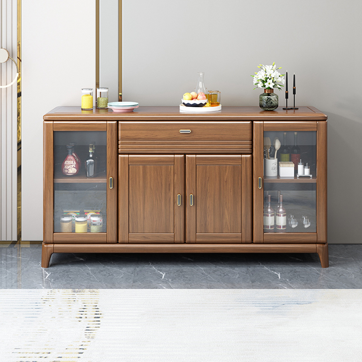 木格尚品 新中式胡桃木餐厅柜靠墙储物柜茶水备餐柜餐边桌实木餐边柜