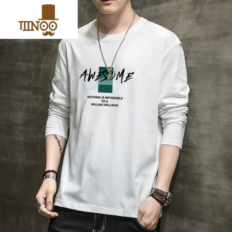 YANXU款长袖t恤男士潮牌印花上衣2023春季圆领体恤衫时尚百搭