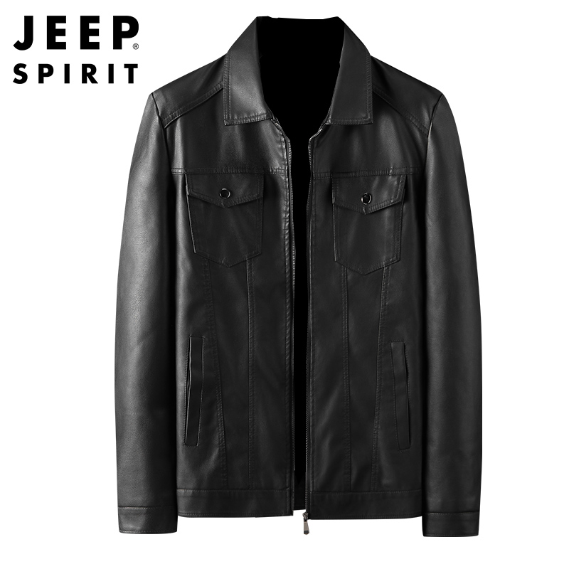 JEEP SPIRIT吉普男士皮衣秋冬新款工装多口袋皮夹克时尚潮款翻领修身外套