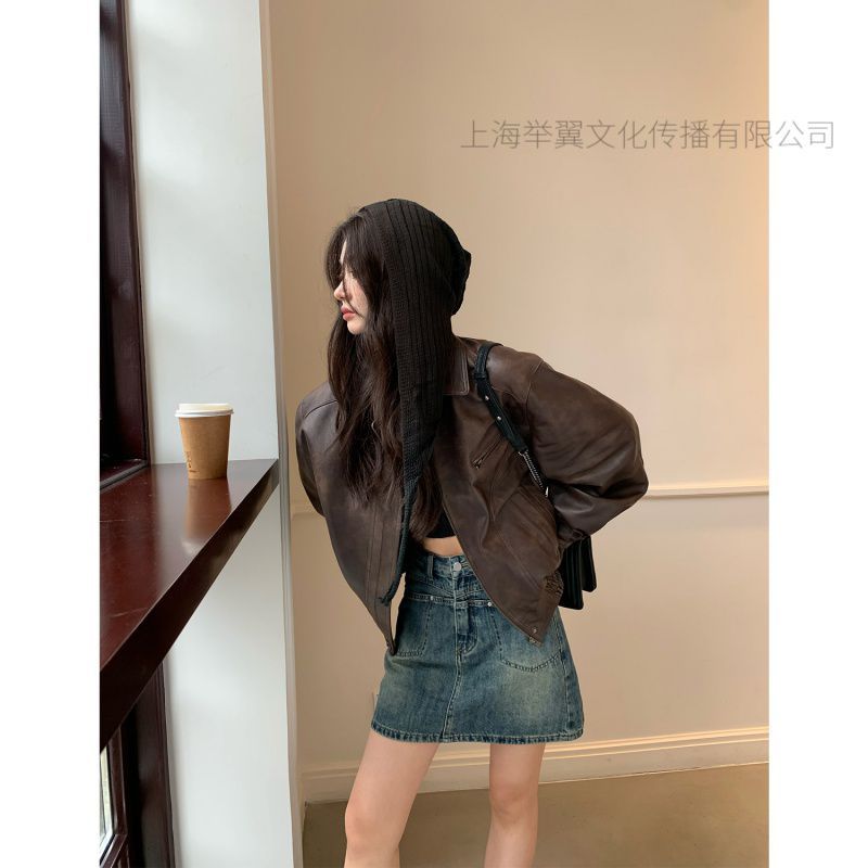海宁新款咖啡街区休闲复古绵羊皮革真皮皮衣女韩版夹克外套女