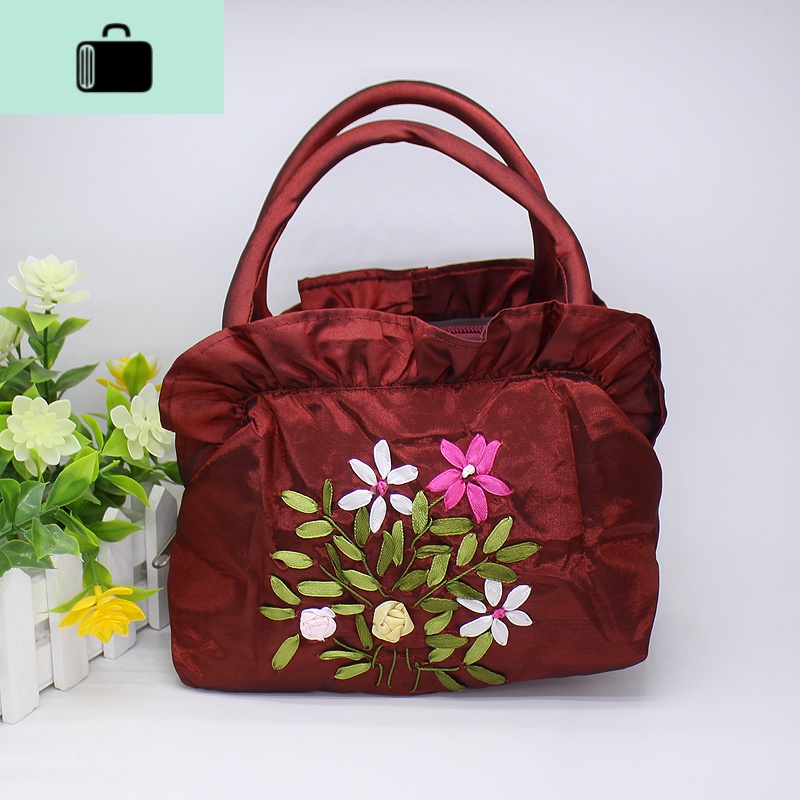 零钱包女包绣花手提手拎小包包中年妈妈买菜包丝绸迷你奶奶老年包NEW LAKE 拉链款酒红