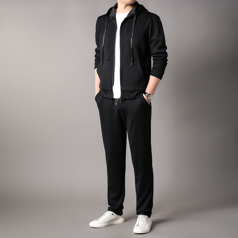 恒源祥含羊绒开衫卫衣套装男2024春秋季新款休闲运动连帽卫衣长裤 3XL 黑色