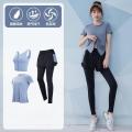 瑜伽服女健身房跑步套装运动服网红透气瑜伽服上衣套装_840 XL【建议：120-135斤左右】 灰蓝三件套【短袖】TC22114