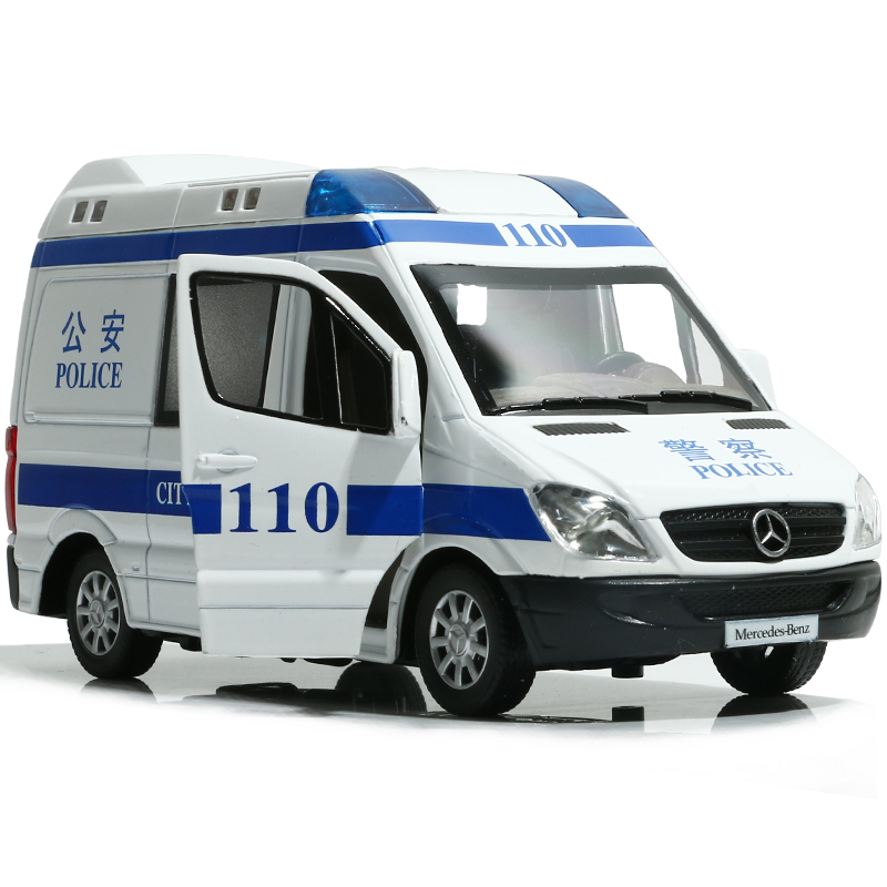 合金警车模型1:32成真大号120救护车警察车仿真汽车男孩玩具 福特面包黑色裸车高清大图