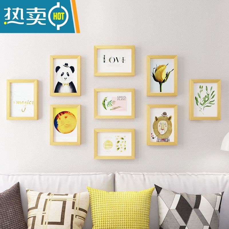 敬平现代简约照片墙相框挂墙免打孔创意装饰卧室客厅组合框加洗照片框 7寸9框 原木色照片墙 (安装图纸+无痕钉等配件)无画图片