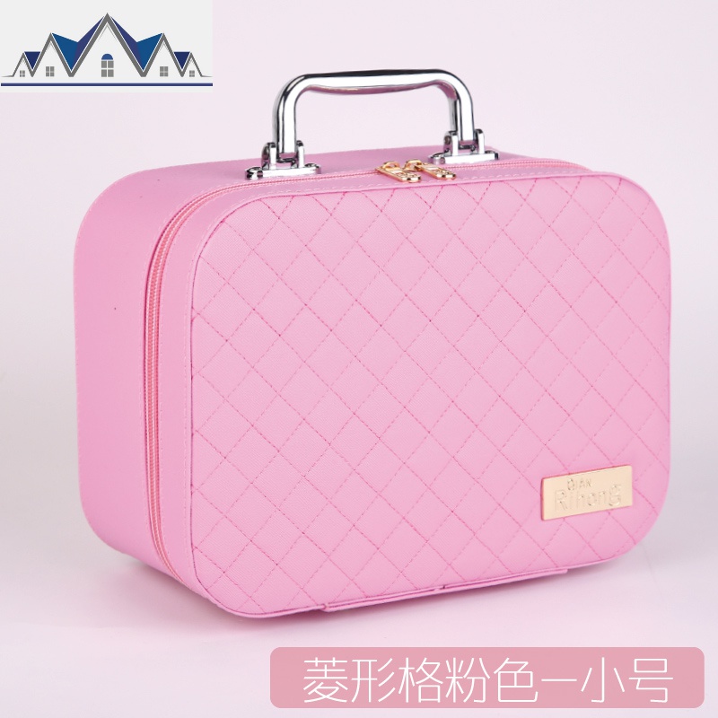 网红化妆包ins风大容量便携化妆箱手提旅行化妆品收纳盒护肤品盒_4_387_102 菱形格粉色-小号