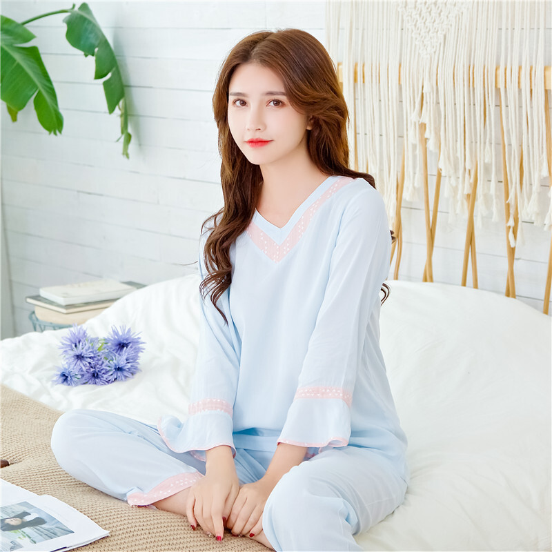 波迷娜(BOMINA)女式睡衣套装春夏款2021睡衣儿童夏季新款人棉长袖套装V领薄款棉绸两套睡衣服