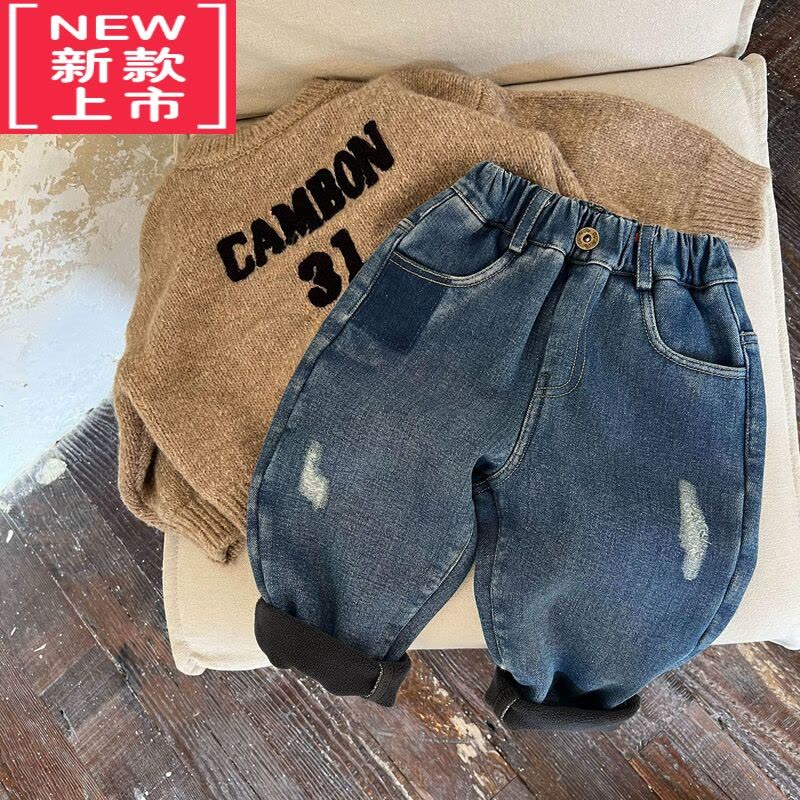 可莉允好品质!帅气韩国男女童洋气磨破撞色牛仔裤儿童宝宝保暖加绒长裤保暖裤图片