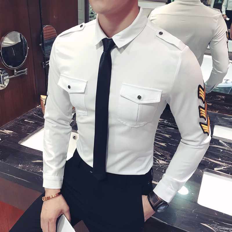 型师夜店酒吧KTV少爷男模肩章空少制服衬衫大码男士工作服衬衣