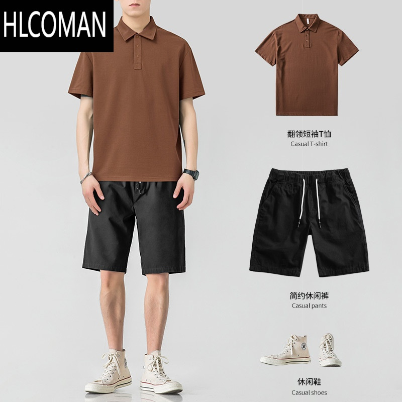 hlcoman休闲短裤男夏季宽松直筒裤子男装一套穿搭夏天五分裤套装潮