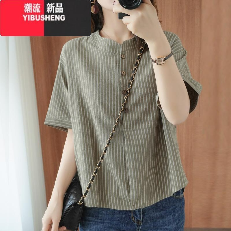 YIBUSHENG季新款女中年妈妈竖纹棉麻短袖大码女装显瘦洋气贵气减龄T恤衣高清大图