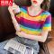 短袖女ins潮宽松彩虹条纹T恤新款刺绣圆领韩版上衣外穿