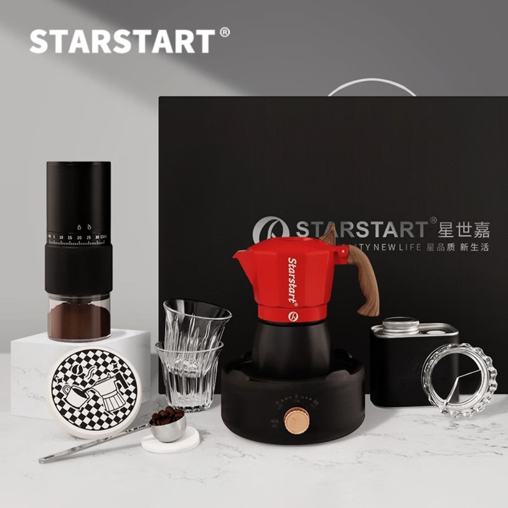 摩卡壶大礼盒10件套双阀2人份-腰带电磨-红黑款