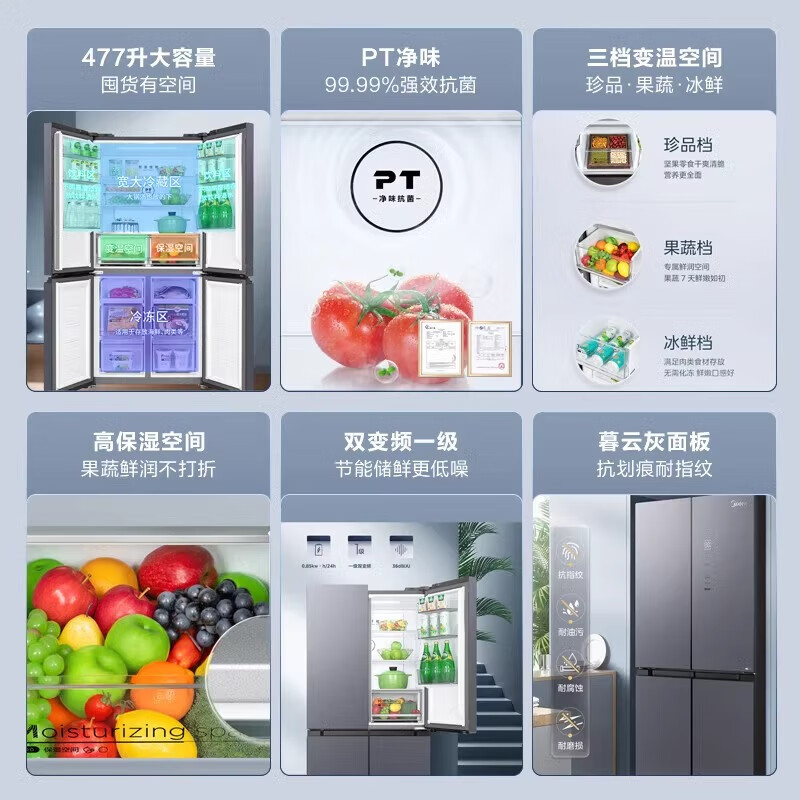 美的家用冰箱十字四门一级变频风冷无霜智能净味 BCD-477WSGPZM(E)高清大图