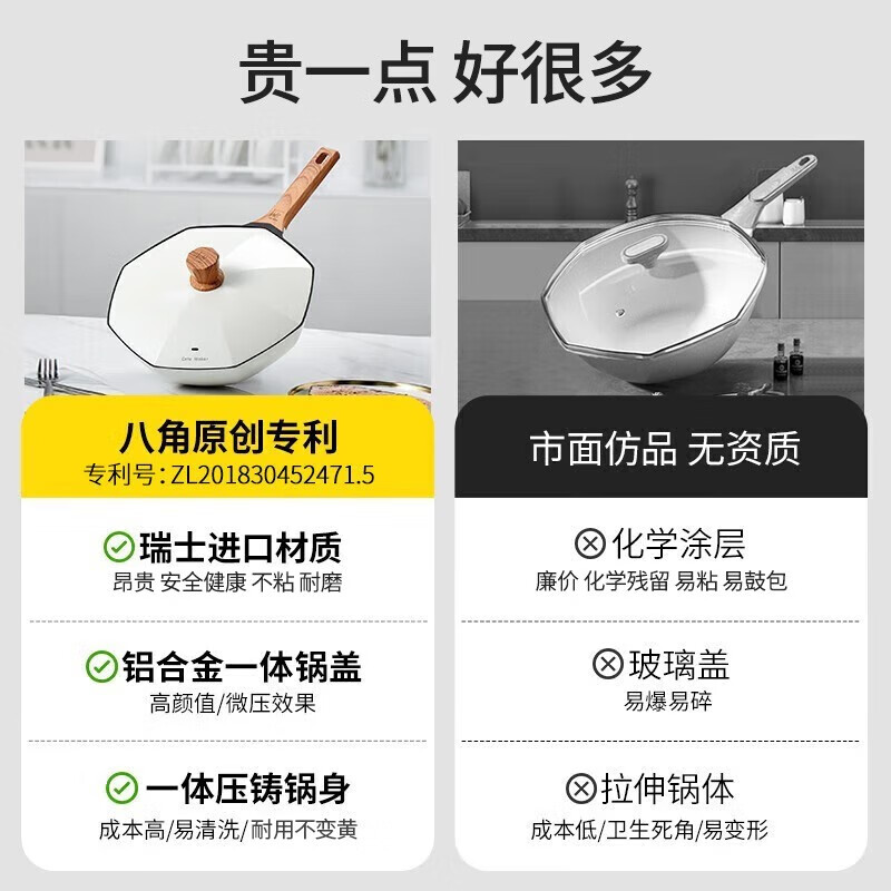 卡特马克八角锅平底不粘炒锅麦饭石色家用炒菜锅锅子大容量燃煤气灶电磁炉 月光白30cm高清大图