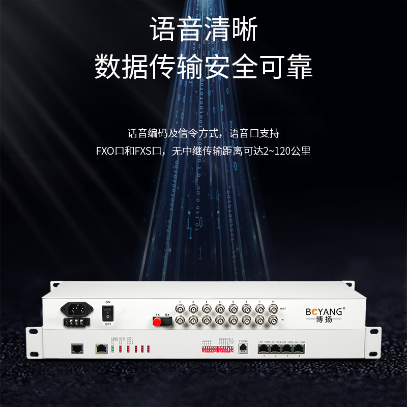 博扬 BY-8E1-4EV PDH光端机8E1 8路2M+4路以太网带物理隔离 FC单纤20公里 机架式 双电源