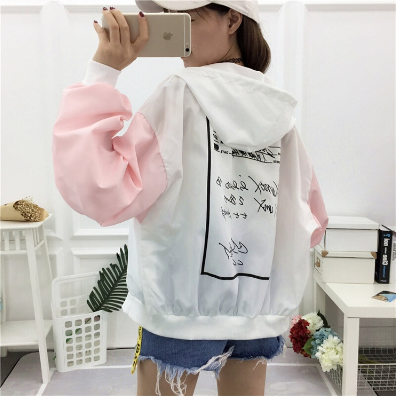 防晒衣女2018夏季新款连帽棒球服短外套学生宽松bf印花拼色防晒衫
