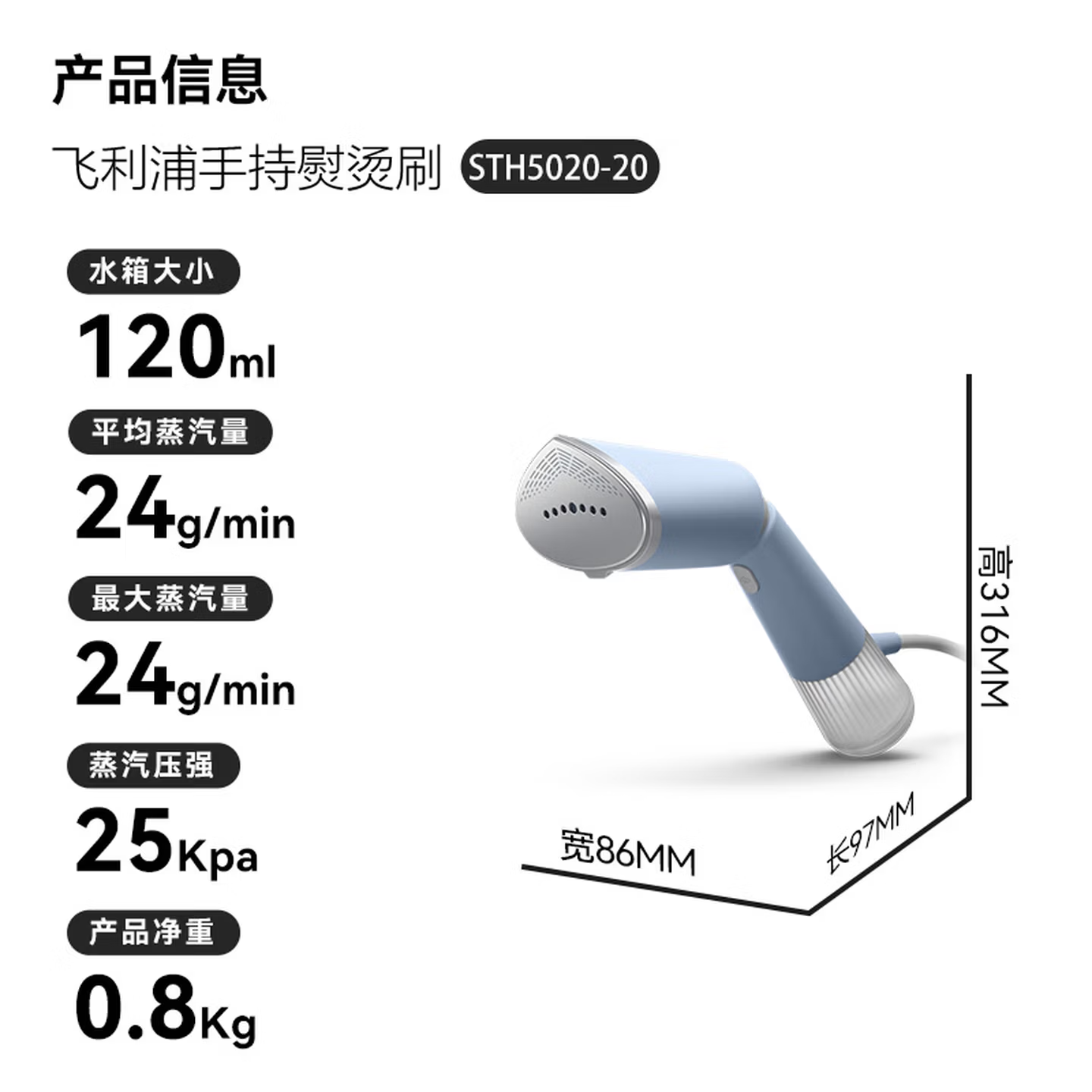 飞利浦 手持家用挂烫机120ml 随身魔法棒蓝+24g/min+1300W 蓝色STH5020/20 / 台高清大图