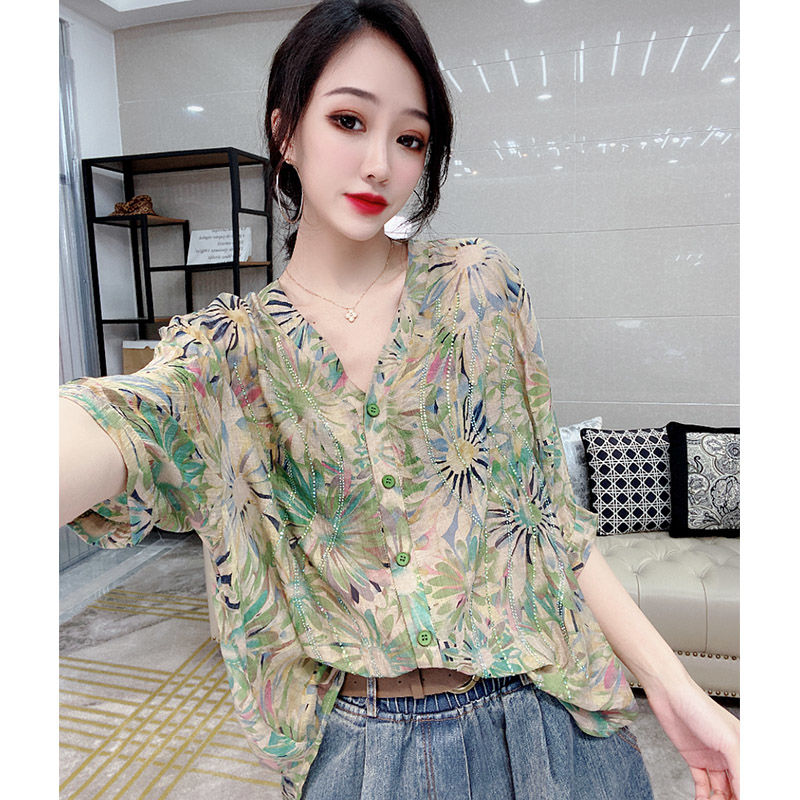 (精选优品)欧洲站2021新款减龄碎花上衣女士短袖夏宽松显瘦烫_枚红色_L_120-140斤