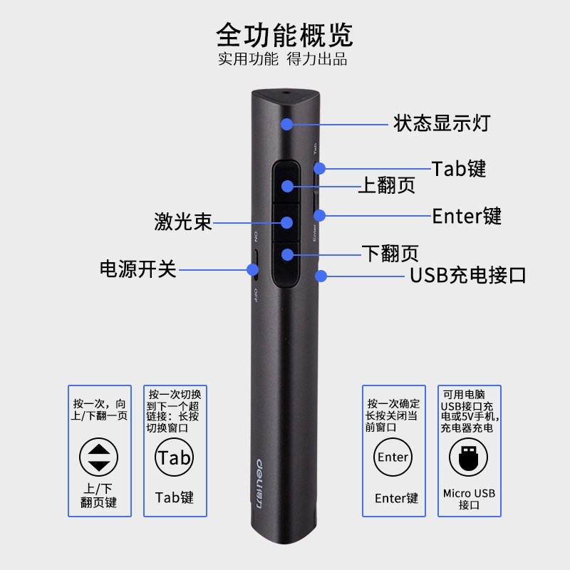 得力 绿色光可充电便携式教师专用PPT课件遥控翻页笔 激光翻页笔无线演示器（ 2801G）