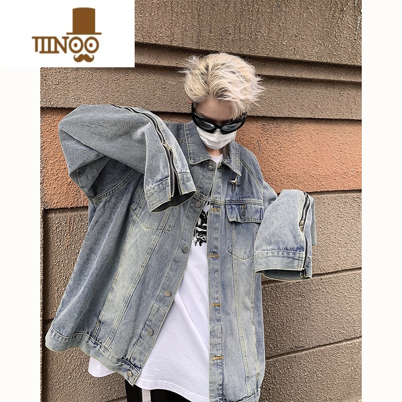 YANXU美式牛仔外套男秋季水洗做旧休闲复古感情侣百搭拉链工装夹克高清大图