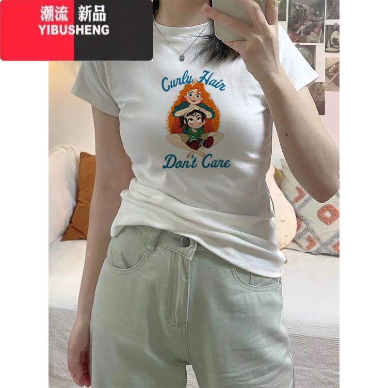 YIBUSHENG2024新款季正肩t恤女美式复古设计感小众短袖潮牌修身显瘦上衣高清大图
