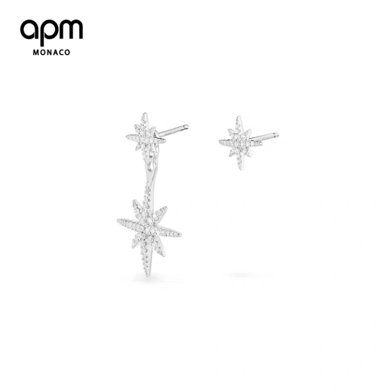 [直营]apm MONACO六芒星925银镶晶钻不对称女士耳钉耳坠耳环送恋人AE10596OX