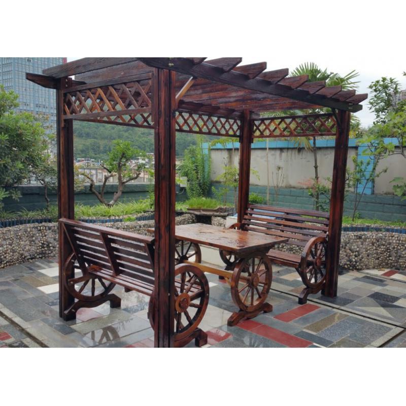 森美人防腐木屋凉亭葡萄架户外庭院桌椅休闲家具花园碳化实木爬藤花架 E款专利款90宽车轮桌