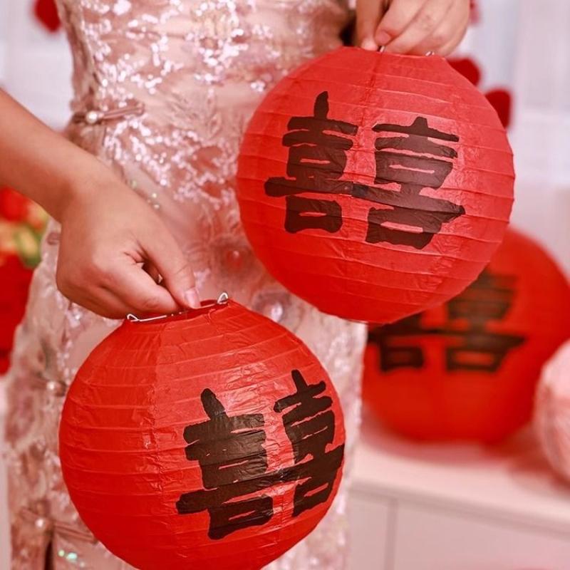 婚礼红色中式灯笼挂饰喜字结婚婚房拍照布置道具挂件装饰圆形--囍字--12寸--1个高清大图