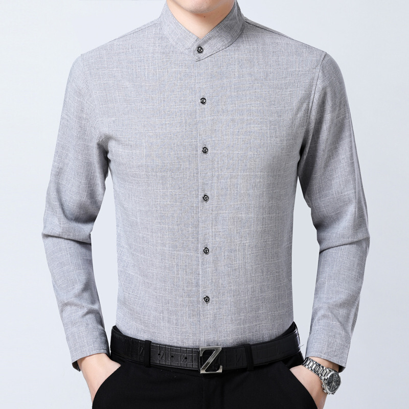 梵克公牛2019年秋季新款中年男士长袖衬衫休闲立领中年男装爸爸衬衫