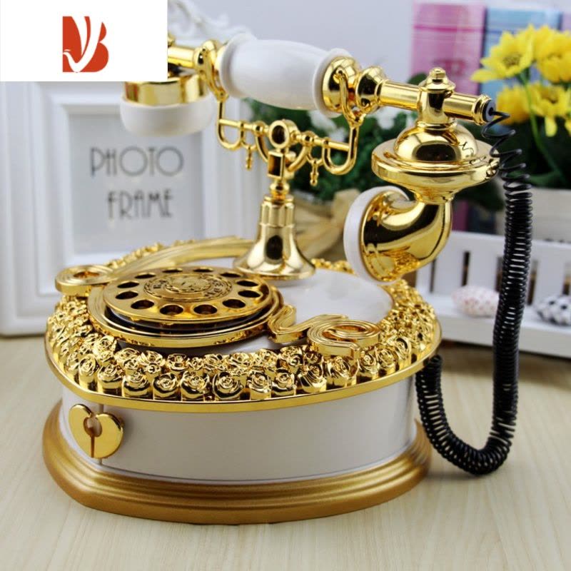 三维工匠复古老式拨盘心型电话机八音盒欧式电话收纳音乐盒酒吧咖啡厅摆件 电话音乐盒白金色图片
