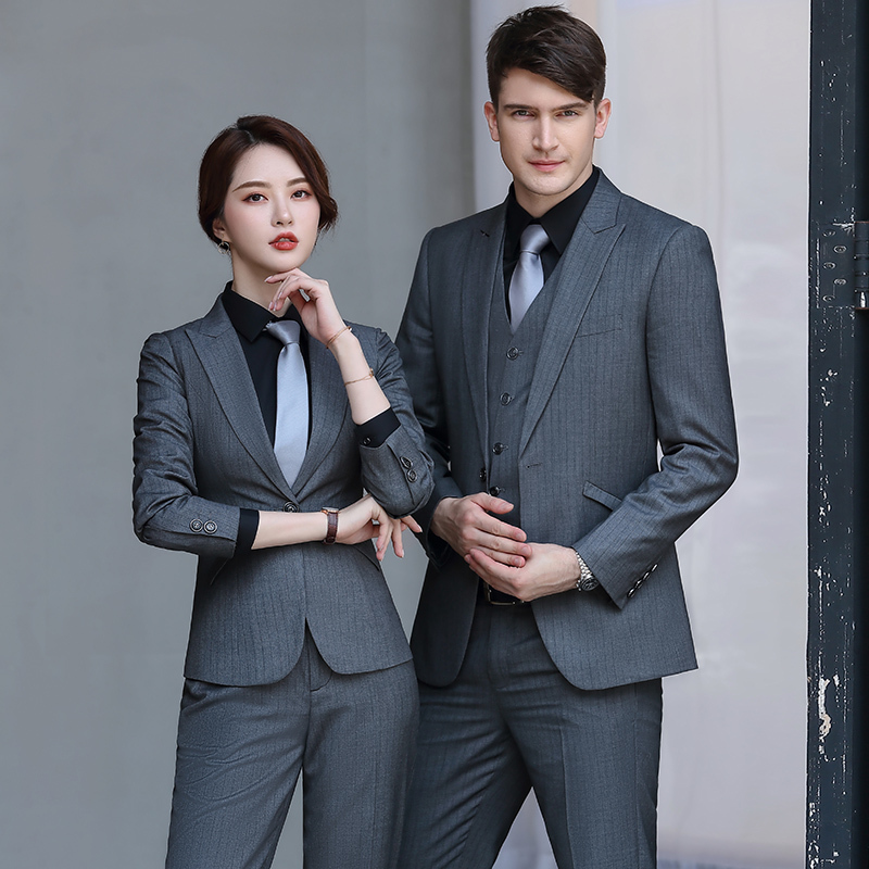 岚心云男女职业装同款套装新款售楼部工作服面试正装女商务条纹西装