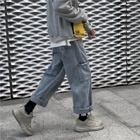 梵克公牛常规阔腿牛仔裤男韩版潮流复古百搭秋季工装长裤潮牌老爹网红裤子 蓝色